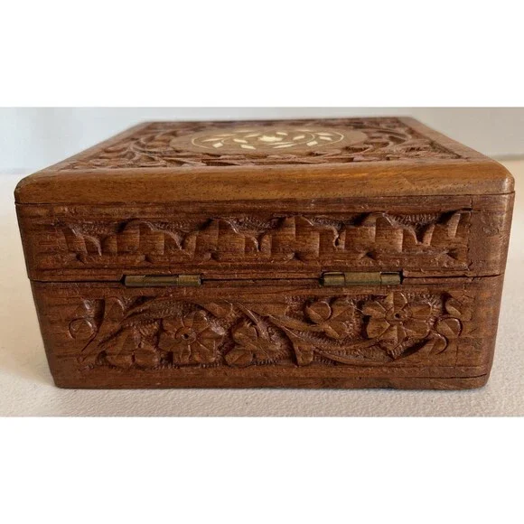 VTG Hand Carved Wooden Box Mother Pearl Inlay Trinket Hinged Lid 5”X5”X2.5” - Picture 7 of 13